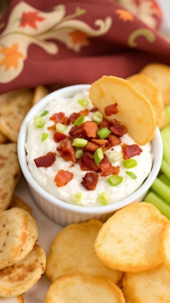 A bowl of Bacon and Scallion Cream Cheese Spread with crackers and celery sticks