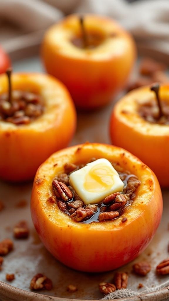 Baked apples stuffed with brown sugar and nuts topped with butter.