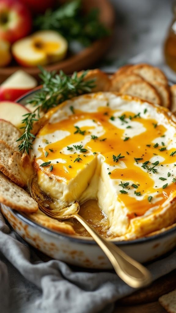 A warm Baked Brie Dip topped with honey, garlic, and thyme, served with crackers and apple slices.