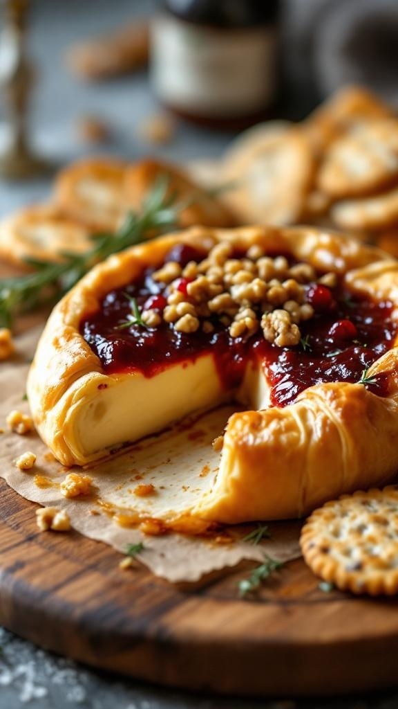 A delicious baked brie topped with cranberry sauce and walnuts, served with crackers.