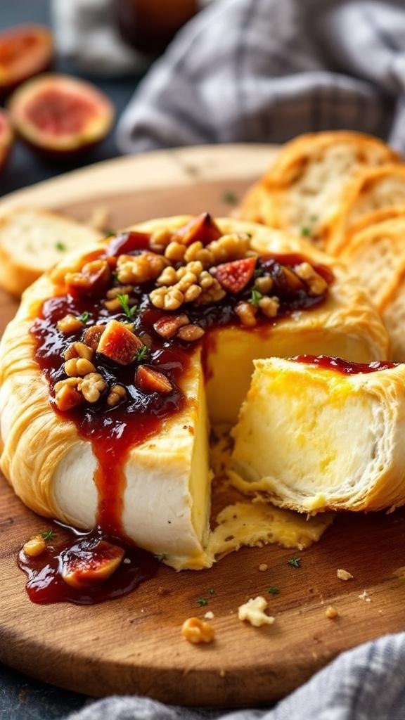 Baked Brie with fig jam and walnuts on a wooden board