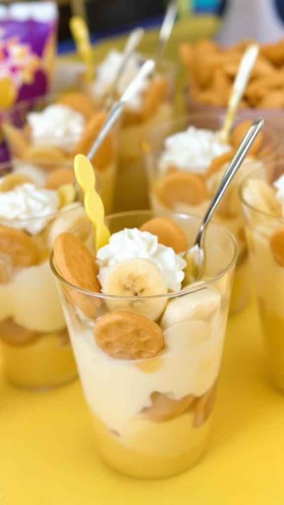 Delicious banana pudding cups with layers of banana, pudding, and whipped cream.