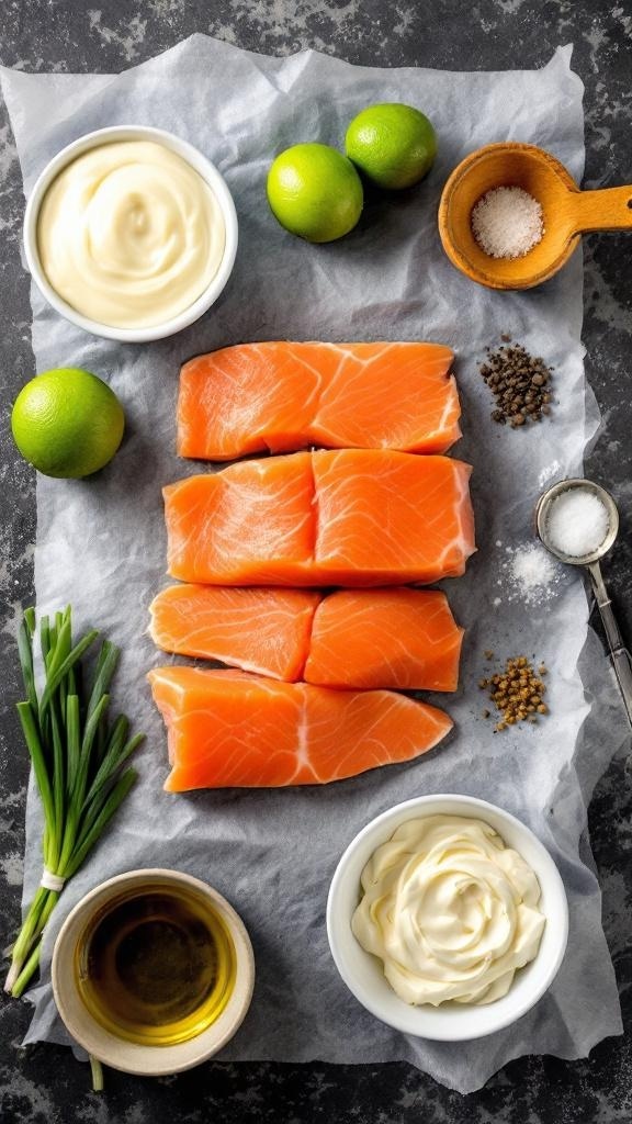 Ingredients for Bang Bang Salmon including salmon fillets, lime, mayonnaise, olive oil, salt, pepper, green onions, and herbs.