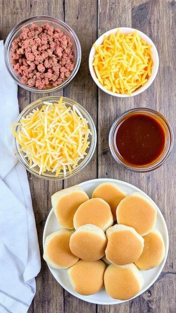 Ingredients for barbecue sloppy joe sliders laid out on a wooden table.