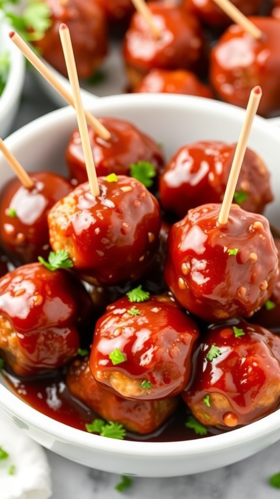 A bowl of BBQ meatballs with toothpicks, garnished with parsley.