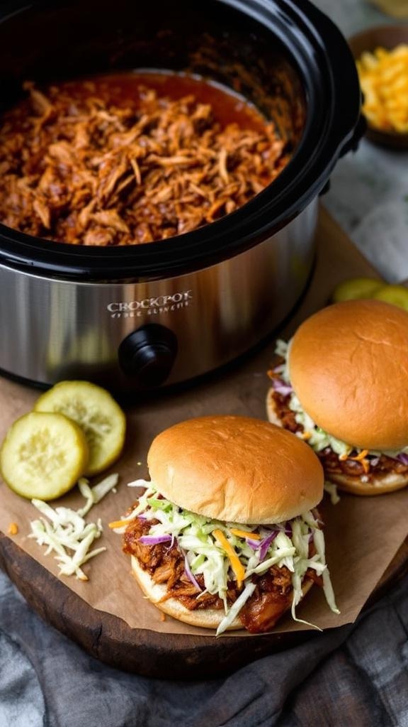 BBQ pulled pork sandwiches with shredded pork, BBQ sauce, and coleslaw on soft buns.