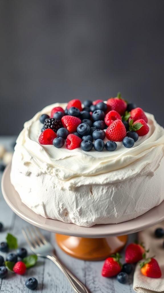 A beautiful berry pavlova topped with fresh strawberries, blueberries, and raspberries.