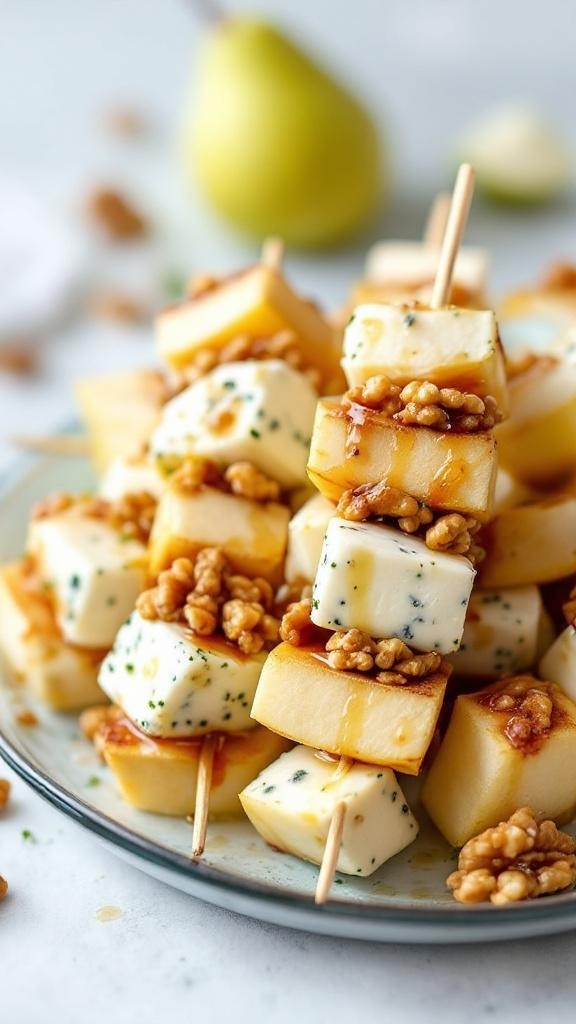 Blue cheese and pear skewers on a plate, garnished with walnuts and honey.