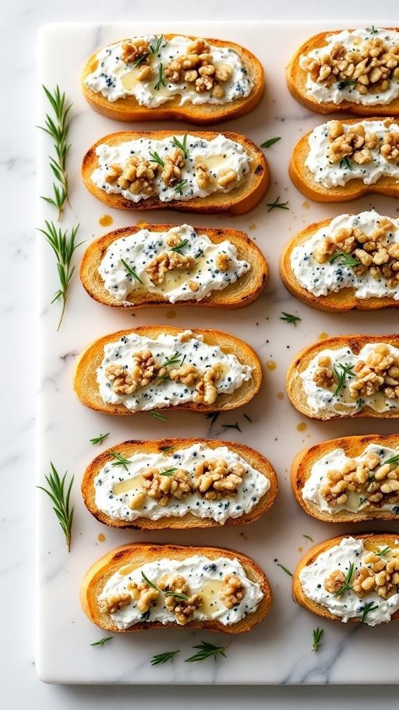 Blue Cheese and Walnut Crostini on a serving platter