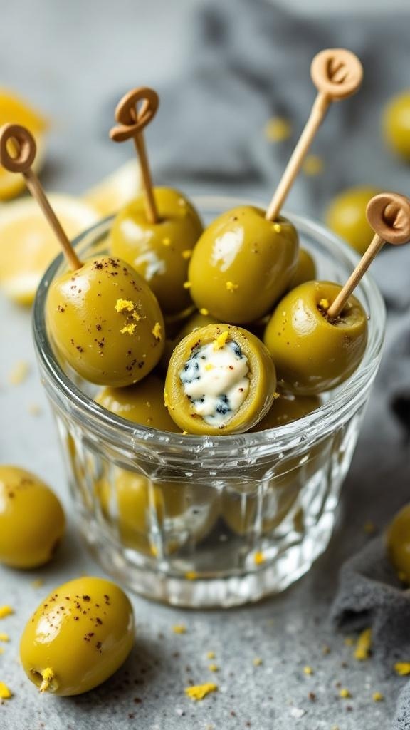 A glass bowl filled with blue cheese stuffed olives, garnished with lemon zest and toothpicks.