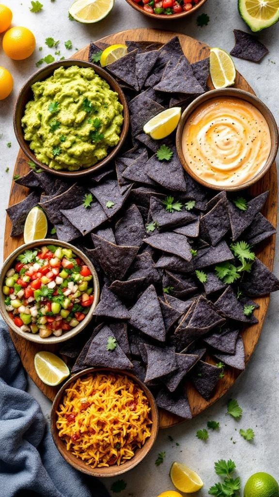 A platter of blue corn chips surrounded by guacamole, salsa, and lime wedges.