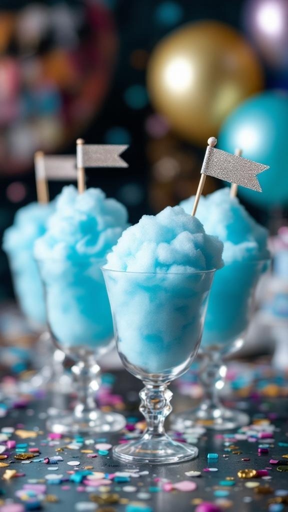 Blue cotton candy served in clear cups with decorative flags