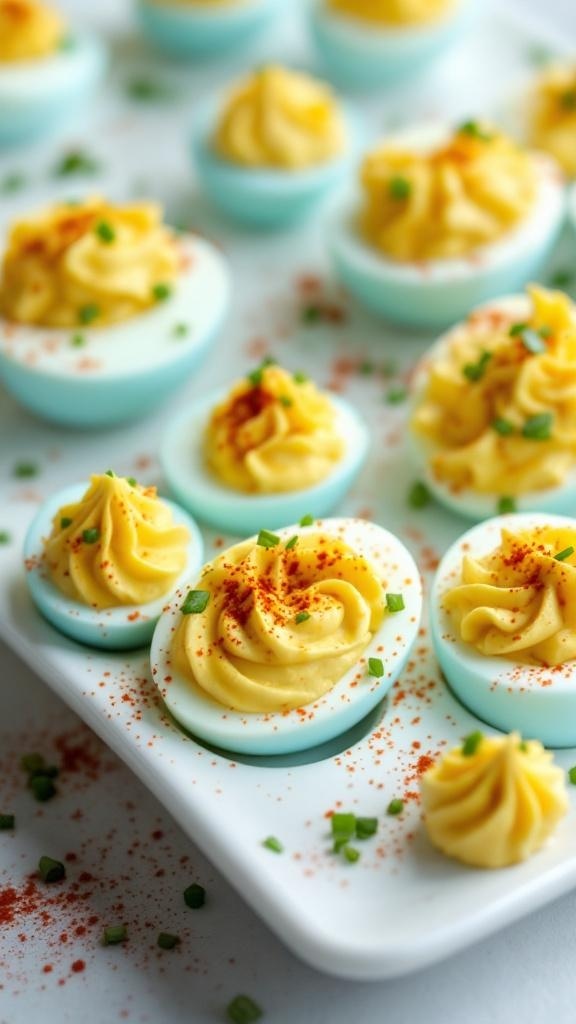 A plate of blue deviled eggs garnished with paprika and chives.