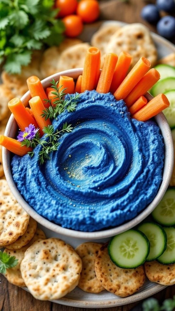 A bowl of blue hummus surrounded by carrot sticks and crackers, garnished with herbs.