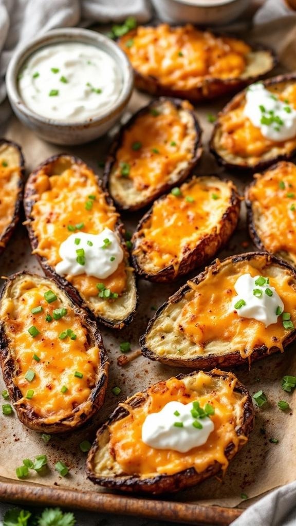 Blue potato skins topped with cheese, sour cream, and chives on a serving platter.