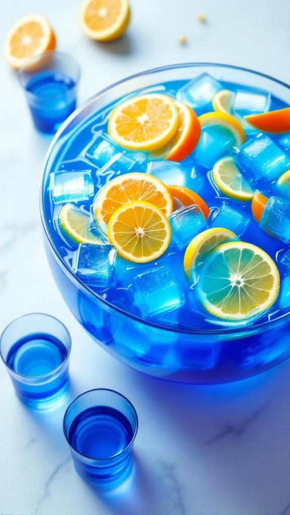 A vibrant blue punch with floating fruit slices in a large bowl, surrounded by glasses.
