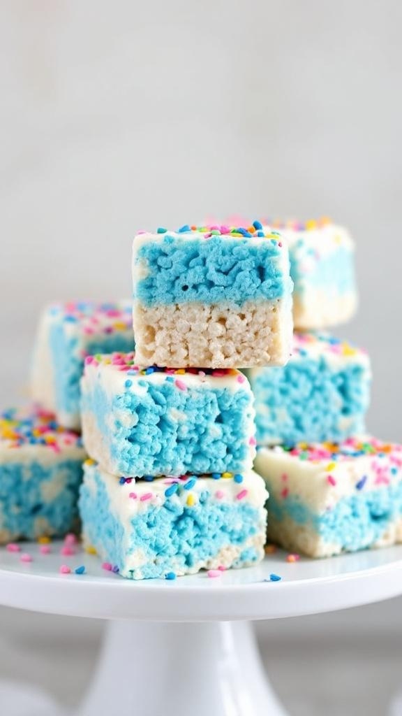 Blue Rice Krispie Treats stacked on a white cake stand, decorated with colorful sprinkles.