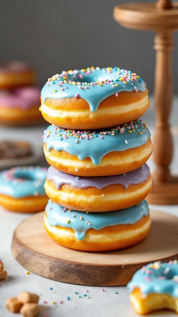 Delicious blue sprinkle-dusted donuts stacked on a wooden board