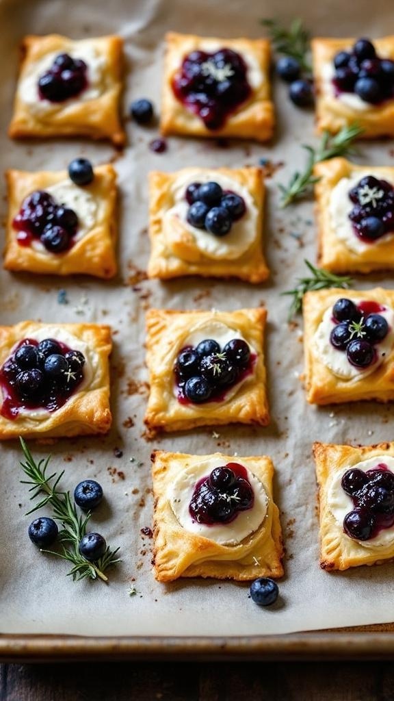 Delicious blueberry brie puff pastry bites on a baking sheet