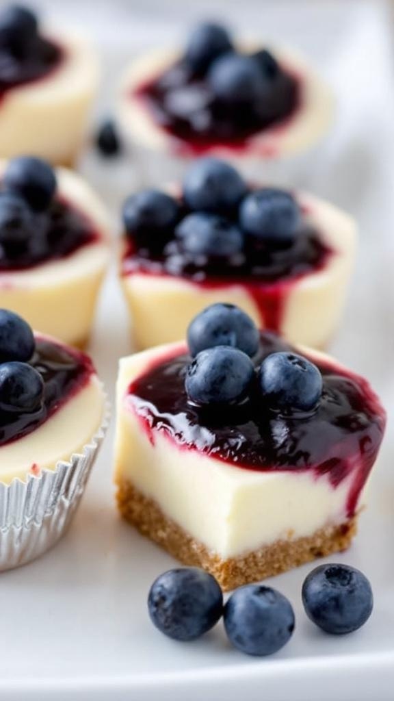 Delicious blueberry cheesecake bites topped with fresh blueberries and blueberry sauce.