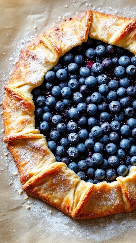 A freshly baked blueberry galette with a golden crust and plump blueberries.
