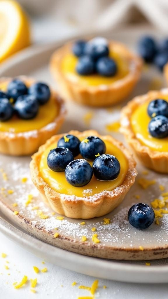 Blueberry Lemon Mini Tarts on a plate, garnished with fresh blueberries and lemon zest.