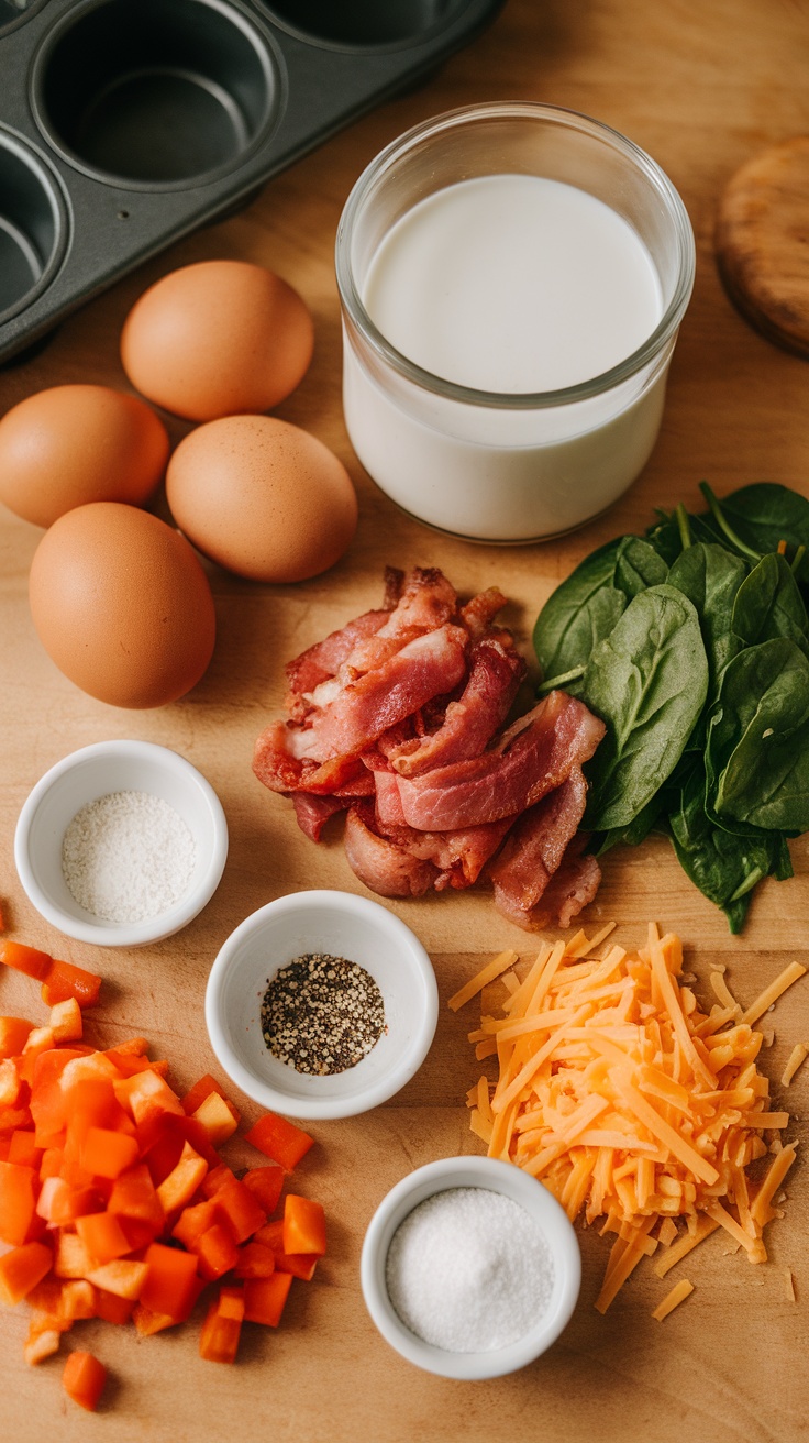 Ingredients for breakfast egg muffins including eggs, milk, spinach, bell pepper, bacon, cheese, and spices.