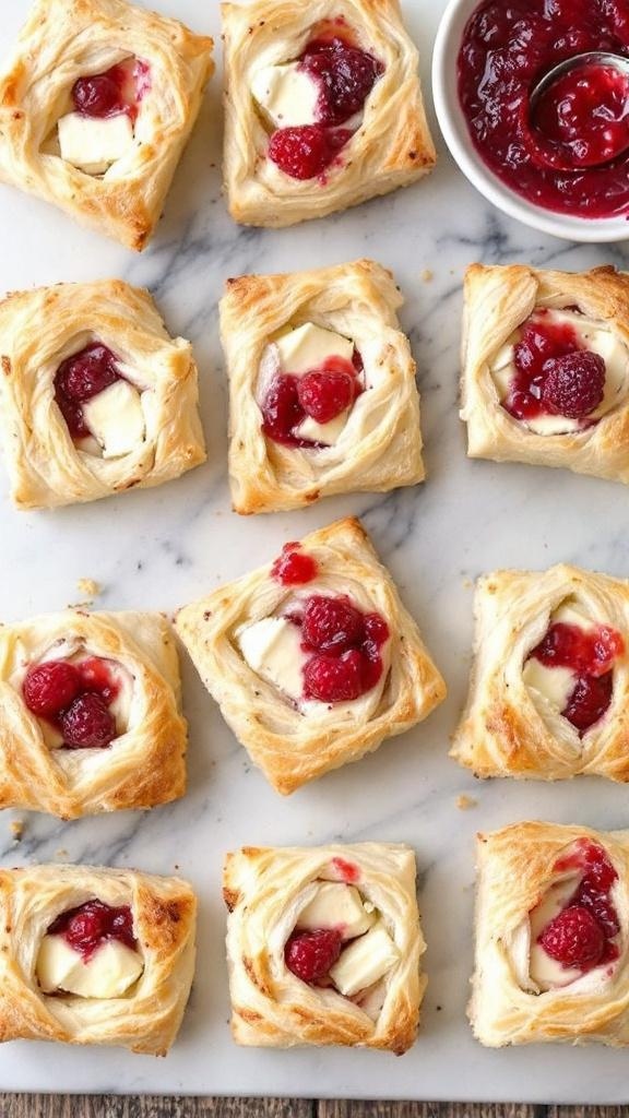 Brie and jam puff pastry bites on a plate with fresh raspberries in the background.