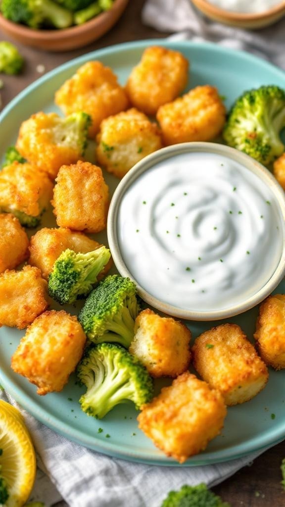 A plate of crispy broccoli tots served with a dipping sauce.