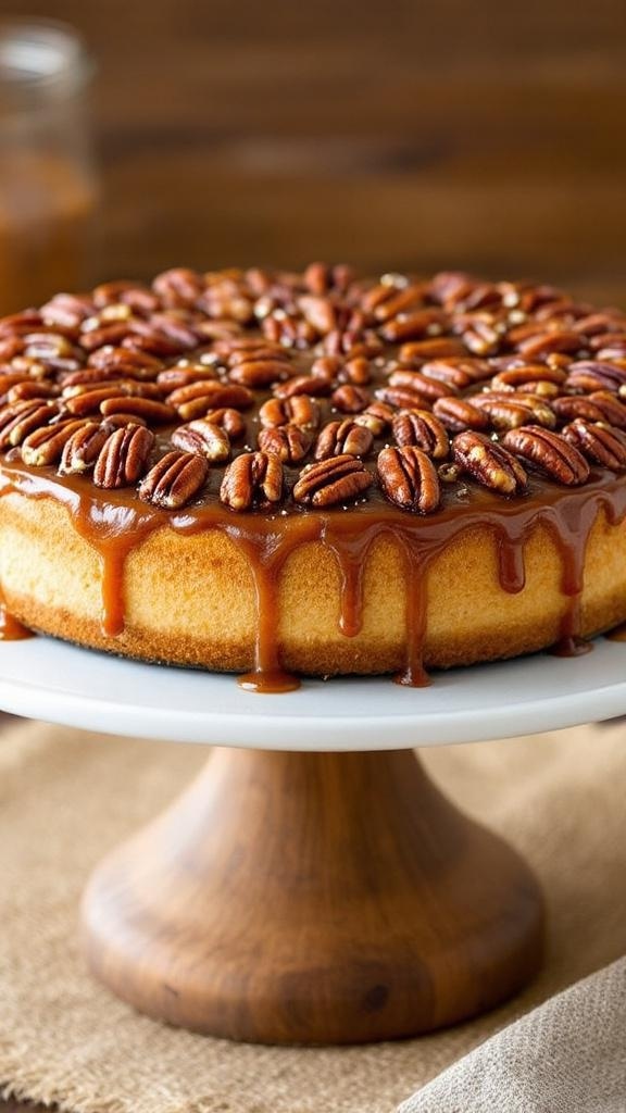 A beautifully presented Brown Butter Pecan Cheesecake topped with pecans and caramel sauce.
