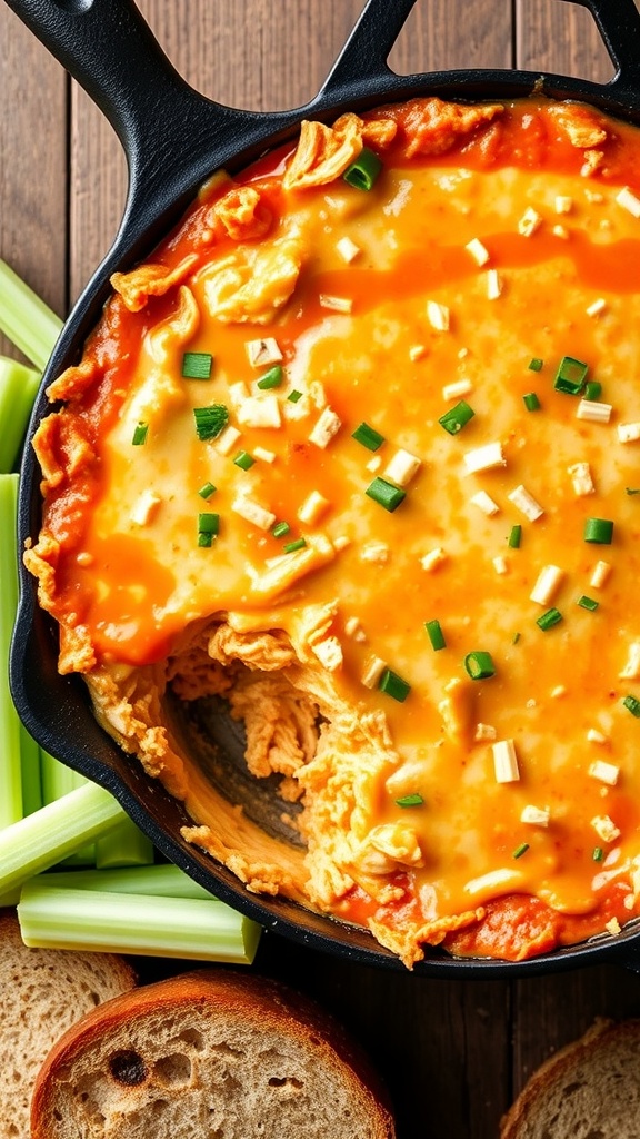 Buffalo Chicken Cream Cheese Dip in a skillet with celery and bread on the side