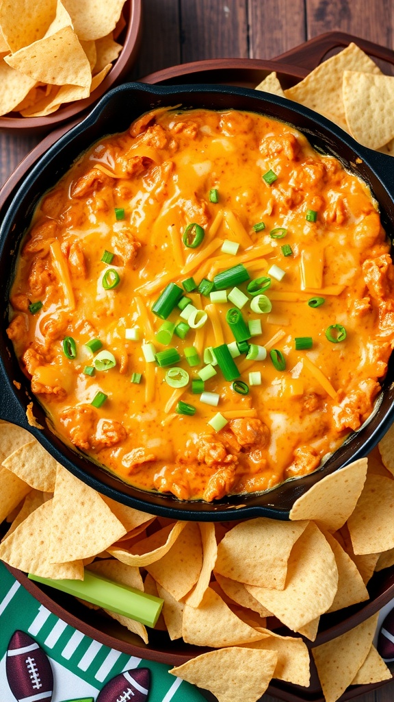 A delicious buffalo chicken dip served in a skillet, surrounded by tortilla chips.