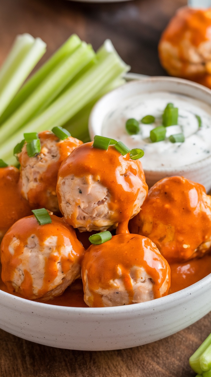 Buffalo Chicken Meatballs served with celery sticks and dipping sauce