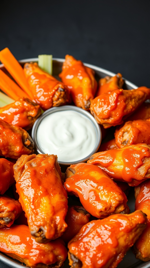 A plate of buffalo wings with a bowl of blue cheese dip and celery sticks.