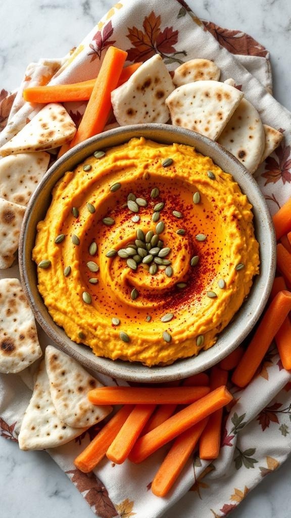 A bowl of butternut squash hummus garnished with pumpkin seeds, surrounded by pita chips and carrot sticks.