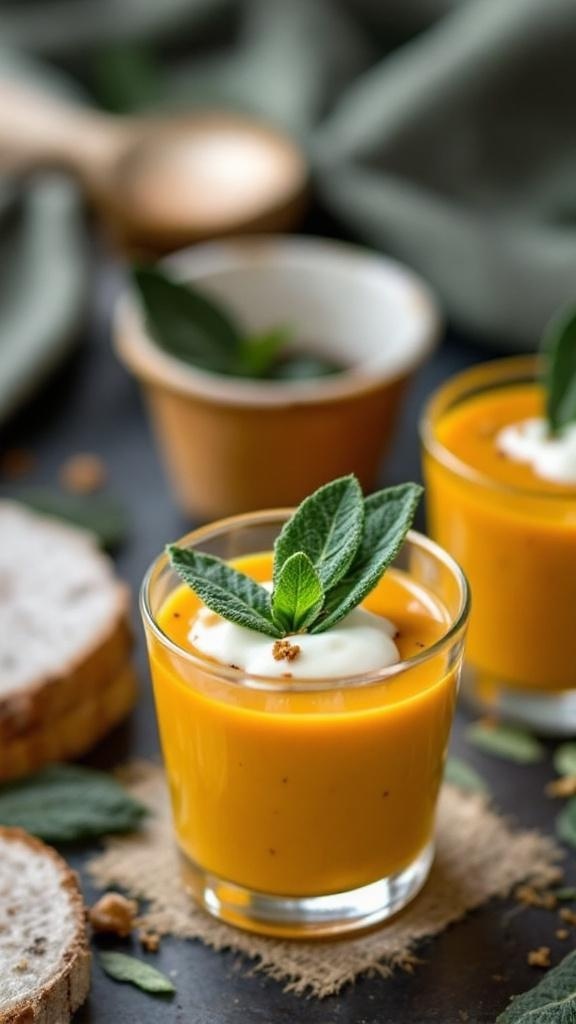 Butternut squash soup shooters in glasses garnished with mint leaves and cream