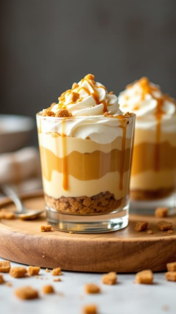 Butterscotch pudding parfaits in clear glasses, topped with whipped cream and caramel sauce.