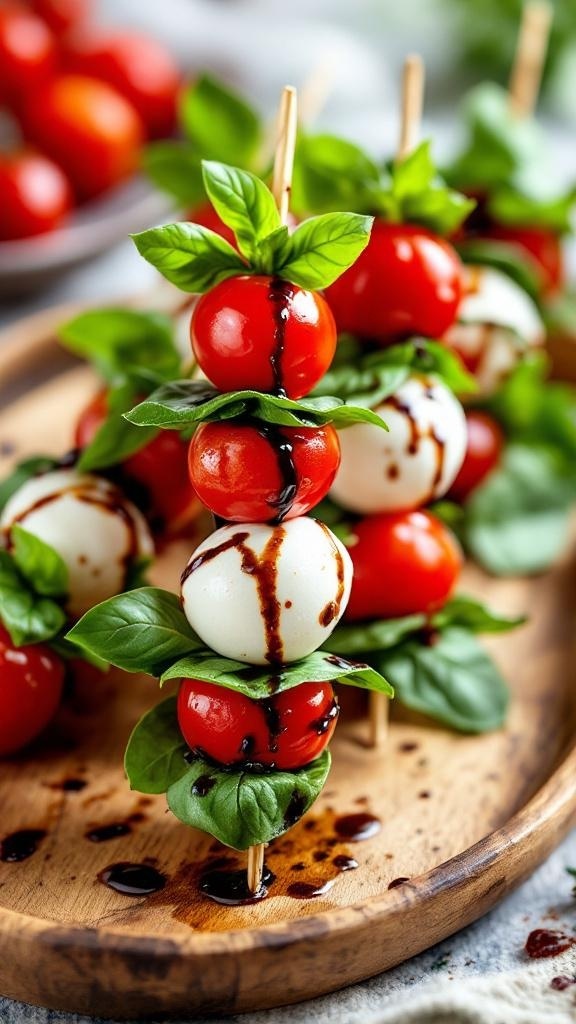 Caprese skewers with cherry tomatoes, mozzarella, and basil drizzled with balsamic glaze
