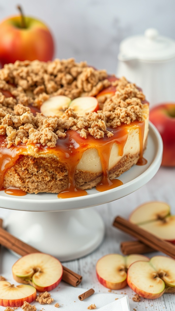 A delicious caramel apple cheesecake topped with streusel, displayed on a white cake stand with apple slices and cinnamon sticks around it.