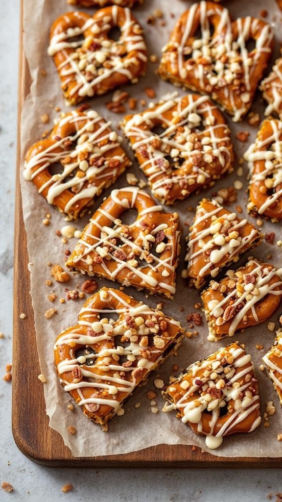 A delicious spread of caramel pretzel bark pieces topped with nuts and drizzled with white chocolate.