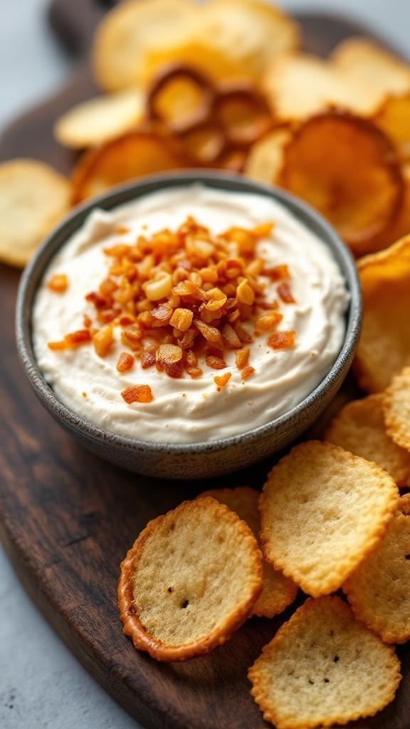 A bowl of caramelized onion dip topped with chopped onions, surrounded by crispy chips.