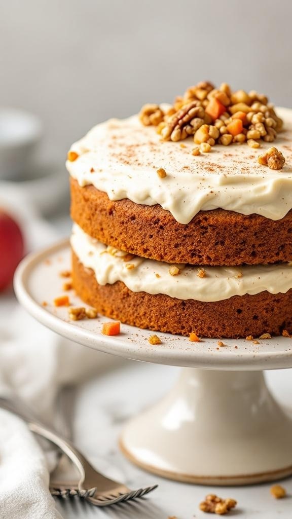 A beautifully layered carrot apple spice cake topped with nuts and a creamy frosting.