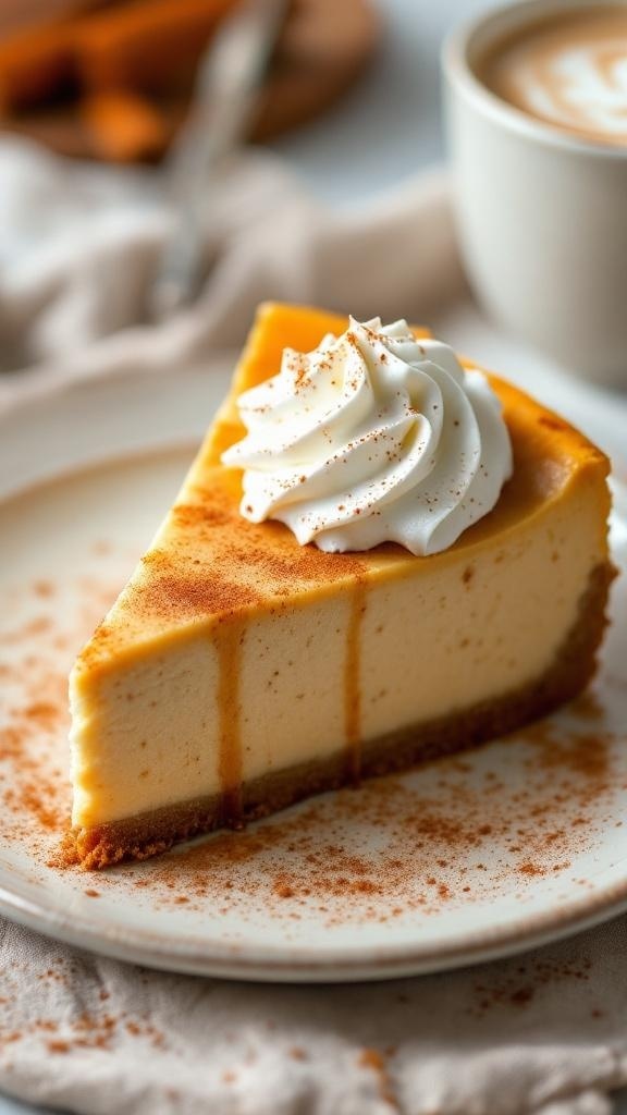 Chai Spice Cheesecake with Cinnamon Drizzle on a plate next to a cup of coffee.