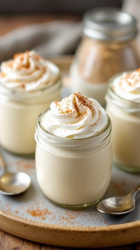 Chai Spice Pudding Cups in small jars topped with whipped cream and cinnamon