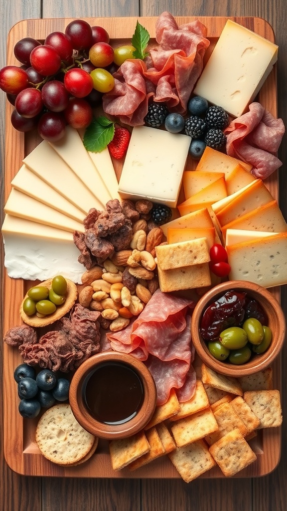 A beautifully arranged charcuterie board featuring assorted meats, cheeses, fruits, nuts, and crackers.
