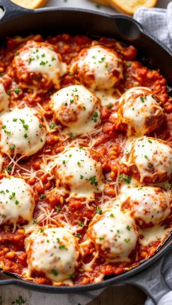 A skillet filled with cheesy meatballs in marinara sauce, topped with melted mozzarella and served with crusty bread.