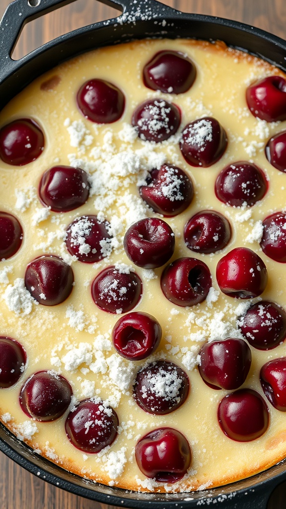 A delicious cherry clafoutis dessert with fresh cherries and powdered sugar on top.