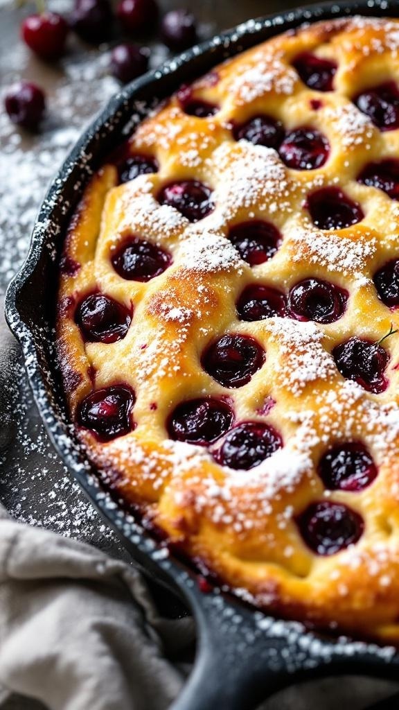 A delicious cherry clafoutis baked in a cast-iron skillet, dusted with powdered sugar.