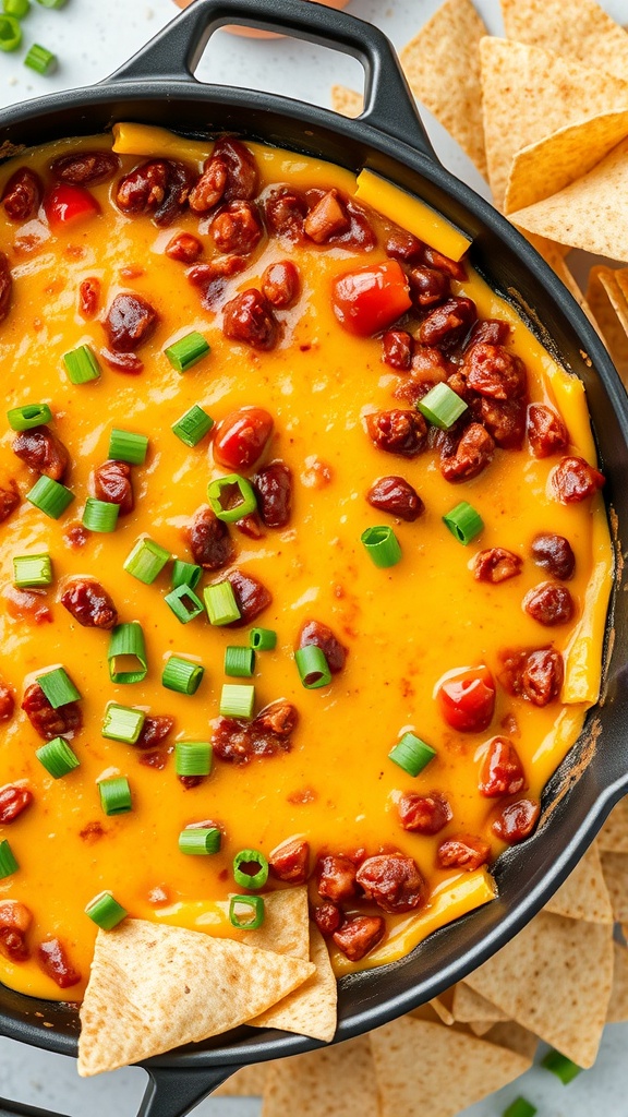 A delicious chili cheese dip topped with green onions, served with tortilla chips.