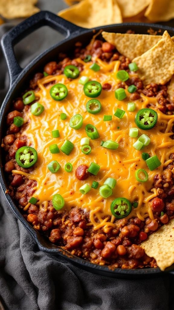 A skillet filled with chili cheese dip topped with green onions and surrounded by tortilla chips.